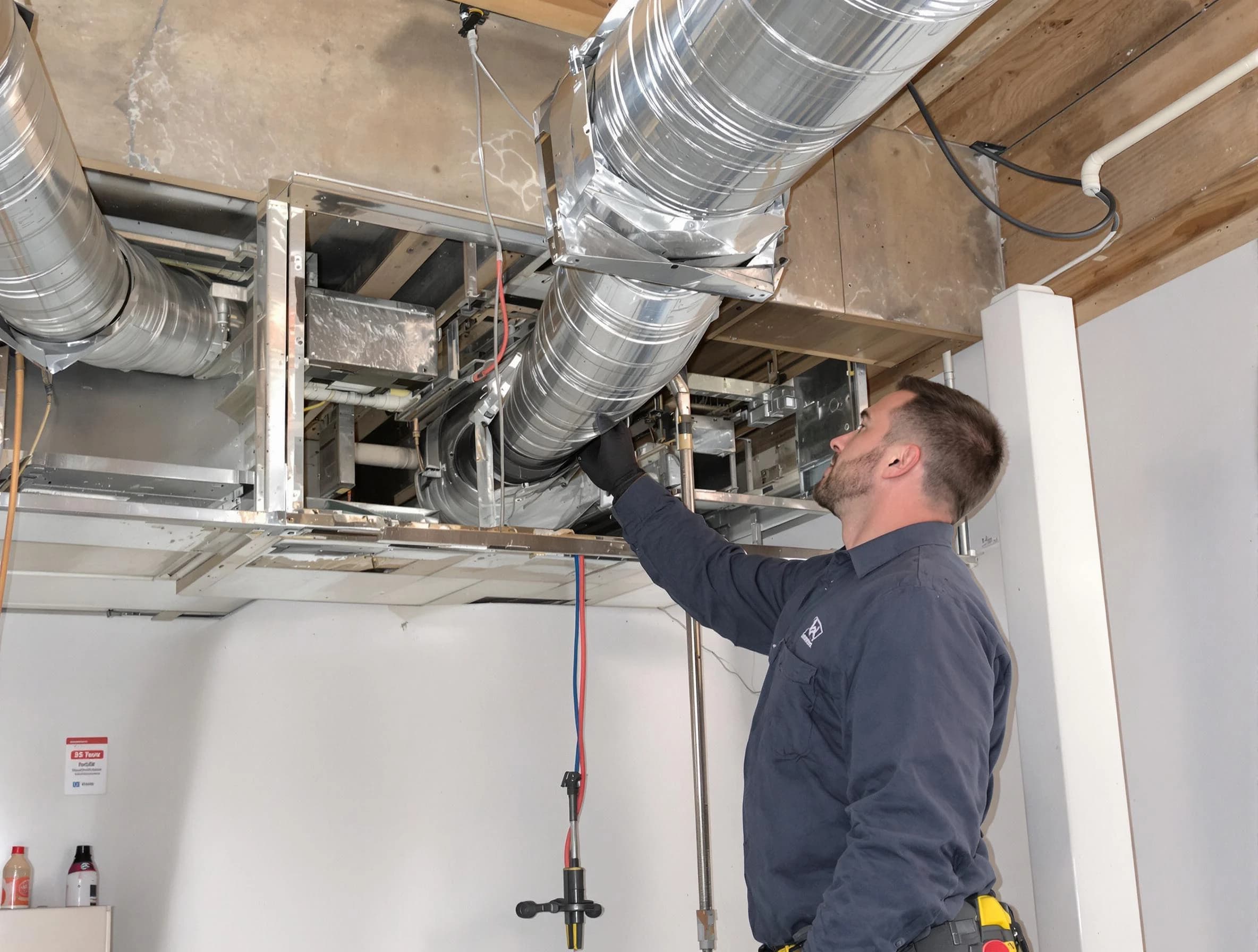 Bridgewater Air Duct Cleaning technician performing professional air duct repair using specialized tools in Bridgewater